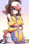  1girl bag baseball_cap black_vest blue_eyes brown_hair bug closed_eyes curly_hair cutoffs daimonkisora denim denim_shorts galvantula hat high_ponytail highres hilda_(pokemon) holding holding_pokemon hug joltik long_hair pink_bag pokemon pokemon_(creature) pokemon_bw short_shorts shorts shoulder_bag sidelocks sitting sleeveless sparkle spider tank_top vest wariza white_tank_top 