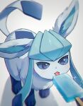  blue_eyes blush food glaceon highres kaminokefusa no_humans pokemon pokemon_(creature) popsicle shadow simple_background solo tongue tongue_out white_background 