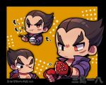  1boy black_border black_eyes black_hair black_vest border bowl chest_tattoo chopsticks gloves heterochromia holding holding_bowl holding_chopsticks kotorai male_focus mishima_kazuya multiple_views no_nose orange_background purple_shirt red_eyes red_gloves rice scar scar_on_arm scar_on_face shirt short_hair studded_gloves tattoo tekken thick_eyebrows translation_request v-shaped_eyebrows vest 