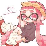  1girl @_@ artist_name black_shorts bow commentary full_body grey_sweater hairband heart highres inkling inkling_girl leg_warmers long_hair mina_p pink_eyes pink_hair pink_trim pointy_ears red_footwear sandals short_shorts shorts simple_background sitting solo splatoon_(series) splatoon_3 sweater tentacle_hair thick_eyebrows turtleneck turtleneck_sweater white_background yellow_bow yellow_hairband 