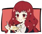  1girl birthday_cake blush cake cake_slice closed_mouth facial_mark fire_emblem fire_emblem_engage food fork hair_ornament highres holding holding_fork long_hair oda32t plate red_eyes redhead simple_background solo star_(symbol) star_hair_ornament yunaka_(fire_emblem) 
