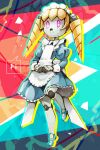  1girl abstract_background apron blonde_hair blue_dress blue_footwear dress drill_hair frilled_dress frills full_body highres juliet_sleeves lil_miss_marshmallow long_hair long_sleeves looking_ahead maid_headdress mary_janes mother_(game) mother_3 puffy_sleeves robot_girl shifumame shoes solo speech_bubble twin_drills twintails violet_eyes white_apron zoom_layer 