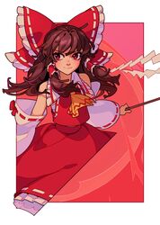  1girl ascot brown_hair chest_sarashi collared_shirt cowboy_shot detached_sleeves frilled_shirt_collar frills gohei hakurei_reimu hand_out_of_frame highres holding holding_gohei long_hair red_eyes red_skirt red_theme red_vest sarashi shirt sidelocks skirt smile touhou vest white_sleeves yellow_ascot 