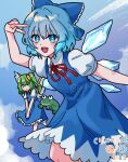  2girls :d ascot blue_bow blue_dress blue_eyes blue_hair blue_skirt blue_vest blush bow bright_pupils cirno cirno_day collared_shirt daiyousei dress fairy_wings frilled_skirt frills frog green_hair highres ice ice_wings kikeiju medium_hair multiple_girls neck_ribbon own_hands_together pinafore_dress puffy_short_sleeves puffy_sleeves red_ribbon ribbon shirt short_hair short_sleeves side_ponytail skirt sleeveless sleeveless_dress smile touhou twitter_username v v_over_head vest watermark white_pupils white_shirt wings yellow_ascot 