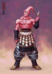  1boy abs alternate_costume antennae arm_wrap black_nails black_sclera collarbone colored_sclera colored_skin dango demon dragon_ball dragon_ball_z evil_smile fingernails food full_body guillem_dauden hand_up head_tilt holding holding_food japanese_clothes majin_buu male_focus monster muscular muscular_male no_nose pants pectorals pink_skin red_eyes rope rope_belt sandals scar scar_on_arm scar_on_chest scar_on_chin scar_on_face scar_on_neck sharp_fingernails shide shimenawa simple_background smile solo super_buu tabi topless_male veins wagashi waraji 