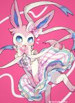  artist_name blue_eyes blush bow clothed_pokemon dress highres kaminokefusa looking_at_viewer no_humans official_alternate_costume open_mouth pink_background pink_bow pink_dress pokemon pokemon_(creature) pokemon_unite simple_background solo sylveon sylveon_(checkered) 