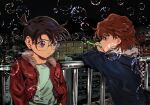  1boy 1girl alternate_costume black_hair brown_hair bubble city edogawa_conan fur-trimmed_jacket fur_trim glasses grey_shirt haibara_ai highres holding jacket meitantei_conan night open_clothes open_jacket outdoors red_jacket segami shirt 