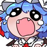  1girl bat_wings blue_hair collared_shirt crying crying_with_eyes_open fangs frilled_shirt_collar frills hat highres mob_cap open_mouth remilia_scarlet shirt short_hair simple_background solid_oval_eyes tears touhou white_background white_headwear white_shirt wind_become wings 