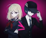  1boy 1girl akamatsu_kaede black_background black_headwear black_jacket black_sailor_collar black_shirt blue_necktie brown_eyes buttons collared_shirt danganronpa_(series) danganronpa_v3:_killing_harmony gyeongchae hair_ornament hand_up highres jacket long_sleeves musical_note musical_note_hair_ornament neckerchief necktie pink_background pink_eyes red_neckerchief saihara_shuichi sailor_collar shirt striped_necktie sweatdrop teeth upper_body white_shirt 