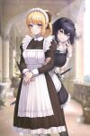  2girls absurdres apron black_dress black_hair blonde_hair blue_eyes breasts dress flower_hairband grin hairband highres large_breasts long_hair maid maid_apron maid_headdress multiple_girls nomalman original own_hands_together ponytail sheath sheathed smile sunlight sword weapon 