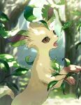  blurry blurry_background day depth_of_field forest from_side highres kaminokefusa leaf leafeon nature no_humans open_mouth outdoors pokemon pokemon_(creature) solo tree upper_body 