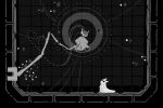  1other cable containment_unit dress five_pebbles floating greyscale headphones highres long_sleeves maskv monochrome rain_world shoes sigil slugcat 