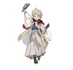  1boy absurdres dragonstone envelope fire_emblem fire_emblem_fates fire_emblem_heroes full_body grey_eyes hagoita highres holding holding_envelope japanese_clothes kana_(fire_emblem) kana_(male)_(fire_emblem) kana_(male)_(rising_dragon)_(fire_emblem) kimono looking_at_viewer male_focus official_alternate_costume official_art open_mouth paddle scarf simple_background smile solo spiky_hair tapioka_chaso white_background white_hair 