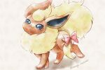  :3 animal_focus artist_name blue_eyes bow bright_pupils closed_mouth commentary_request flareon highres mane no_humans orange_fur pink_bow pokemon pokemon_(creature) remedy_matome simple_background twitter_username walking white_background 