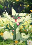  arms_up artist_name blurry blurry_background blurry_foreground day depth_of_field falling_leaves falling_petals floragato flower grass highres kaminokefusa leaf no_humans open_mouth outdoors petals pink_eyes pokemon pokemon_(creature) sitting solo white_flower yellow_flower 