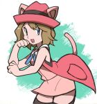  1girl animal_ears bare_shoulders bent black_thighhighs blonde_hair blue_eyes blue_ribbon bravefarm2 breasts cat_ears cat_tail clenched_hands coat collared_dress cowboy_shot dress eyelashes green_background highres open_mouth overcoat pink_dress pink_headwear pokemon pokemon_xy ribbon serena_(pokemon) short_hair simple_background sleeveless small_breasts solo standing tail thigh-highs white_background zettai_ryouiki 
