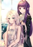  2girls absurdres bare_shoulders black_robe brushing_another&#039;s_hair brushing_hair closed_mouth collarbone comb dress earrings elf fern_(sousou_no_frieren) forehead frieren green_eyes grey_hair highres indoors jewelry long_hair multiple_girls parted_bangs pointy_ears purple_hair robe sitting sleeveless sleeveless_dress smile sousou_no_frieren sparkle standing tactoki thick_eyebrows very_long_hair violet_eyes white_dress window 