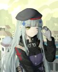  1girl absurdres beret black_headwear black_jacket blue_hair blunt_bangs chinese_commentary closed_mouth commentary_request crm cross_hair_ornament girls_frontline gloves green_eyes grey_gloves hair_ornament hat highres hk416_(girls&#039;_frontline) jacket long_hair long_sleeves one_eye_closed shell_casing sidelocks solo teardrop_facial_mark uniform upper_body 