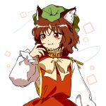  1girl animal_ear_piercing animal_ears blush_stickers brown_eyes brown_hair cat_ears cat_girl cat_tail chen dress fingernails green_headwear hat highres hoop_piercing jewelry kaigen_1025 long_fingernails long_sleeves mob_cap multiple_tails nail_polish open_mouth red_dress red_nails sharp_fingernails short_hair smile solo tail touhou two_tails upper_body 