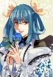  1girl blue_flower blue_hair blue_rose breasts detached_sleeves dizzy_(guilty_gear) flower guilty_gear guilty_gear_xrd hair_between_eyes hair_rings highres holding holding_flower large_breasts long_hair looking_at_viewer nishimoto open_mouth red_eyes rose shaded_face sidelocks solo 