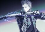  1boy black_gloves coat devil_may_cry_(series) devil_may_cry_5 fingerless_gloves gloves hair_slicked_back holding holding_sword holding_weapon male_focus simple_background solo sword tetsukojika vergil_(devil_may_cry) weapon yamato_(sword) 