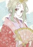  1girl amanchu! artist_name brown_eyes closed_mouth dated eyelashes floral_background floral_print folding_fan forehead green_hair hand_fan highres holding holding_fan itou_youko japanese_clothes kimono kohinata_hikari looking_at_viewer print_kimono red_kimono red_nails sidelocks signature smile solo upper_body wide_sleeves 