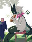  chair cup eating from_side grass heart highres holding_sandwich kaminokefusa meowscarada mug pink_eyes pokemon pokemon_(creature) pokemon_sv simple_background sitting solo speech_bubble spoken_heart table white_background 