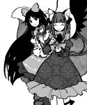  2girls :3 animal_ear_fluff animal_ears bow braid cat_ears cat_tail closed_eyes closed_mouth commentary_request dress frilled_dress frilled_shirt frilled_skirt frilled_sleeves frills greyscale hair_bow highres holding holding_magnifying_glass juliet_sleeves kaenbyou_rin kaigen_1025 long_hair long_sleeves magnifying_glass monochrome multiple_girls multiple_tails neck_ribbon no_nose open_mouth puffy_sleeves reiuji_utsuho ribbon shirt simple_background skirt smile tail touhou twin_braids two_tails white_background 