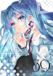  1girl 39 blue_eyes blue_hair character_name earrings hair_between_eyes hatsune_miku jewelry long_hair long_sleeves nail_polish parted_lips pink_nails solo sweater symbol-shaped_pupils twintails tyouya vocaloid white_sweater 