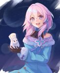  1girl :d absurdres bare_shoulders black_gloves blue_choker blue_sweater choker commentary gloves highres holding honkai:_star_rail honkai_(series) long_sleeves looking_at_viewer march_7th_(honkai:_star_rail) off-shoulder_sweater off_shoulder open_mouth pink_eyes pink_hair pom-pom_(honkai:_star_rail) smile solo sweater togaririi upper_body 