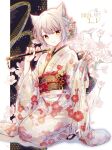  1girl 2024 alternate_costume animal_ear_fluff animal_ears cat_ears closed_mouth commentary_request dated floral_print flower flute grey_hair hair_flower hair_ornament highres holding holding_flute instrument japanese_clothes kimono kneeling looking_at_viewer mio_(xenoblade) new_year obi pink_flower print_kimono sash short_hair sitting solo ui_frara white_flower white_kimono wide_sleeves xenoblade_chronicles_(series) xenoblade_chronicles_3 yellow_eyes yukata 