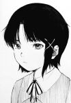  1girl closed_mouth greyscale hair_ornament iwakura_lain misaki_toji monochrome neck_ribbon portrait ribbon serial_experiments_lain short_hair single_sidelock solo x_hair_ornament 