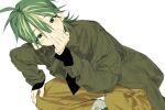  1boy covering_mouth green_eyes green_hair hair_between_eyes hand_on_own_knee long_sleeves looking_at_viewer male_focus muya_muya511 original pants simple_background white_background yellow_pants 