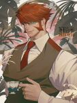  1boy cup glasses highres holding holding_cup kekkai_sensen klaus_von_reinhertz looking_at_viewer male_focus mature_male mutton_chops necktie plant redhead shirt short_hair smile solo teacup toohuah231 tusks upper_body veins veiny_hands vest 