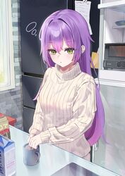  1girl cup green_eyes hair_between_eyes hair_down highres hiragi_1014 hololive kitchen long_hair long_sleeves mug parted_lips purple_hair ribbed_sweater solo standing straight_hair sweater tokoyami_towa upper_body very_long_hair virtual_youtuber white_sweater 