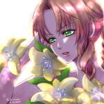  1girl aerith_gainsborough artist_name braid braided_ponytail brown_hair dated final_fantasy final_fantasy_vii final_fantasy_vii_remake flower green_eyes hair_ribbon hand_in_own_hair highres lily_(flower) long_hair looking_at_another parted_bangs parted_lips pink_ribbon ribbon shikiwo sidelocks single_braid solo upper_body wavy_hair yellow_flower 