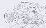  1girl absurdres belt capelet commentary egalo elf english_commentary english_text expressionless foreshortening frieren greyscale highres holding holding_staff long_sleeves mage_staff monochrome pointy_ears simple_background smoke solo sousou_no_frieren speech_bubble staff twintails upper_body white_background 