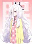  1girl absurdres ahoge bags_under_eyes blue_archive closed_mouth commentary_request demon_horns hair_between_eyes halo highres hina_(blue_archive) horns leglus long_hair long_sleeves multiple_horns pajamas pink_pajamas polka_dot polka_dot_pajamas solo very_long_hair violet_eyes white_hair 