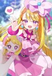 1girl blonde_hair blue_sky blush character_name clouds cure_butterfly doll dress heart highres hijiri_ageha hirogaru_sky!_precure holding holding_doll jewelry long_hair looking_at_viewer magical_girl multicolored_hair open_mouth orange_hair pink_dress pink_headwear precure ring shuu_(mniarnoakou) sky smile spoken_heart streaked_hair violet_eyes waving