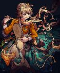  1girl :q absurdres blonde_hair braid canisalpine dark_background drum floating_hair flower green_eyes hair_flower hair_ornament hanbok highres holding holding_instrument instrument korean_clothes low_twintails millie_parfait mixed-language_commentary multicolored_hair nijisanji nijisanji_en orange_hanbok solo streaked_hair tassel tongue tongue_out twintails 