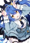  1girl ahoge amamiya_kokoro amamiya_kokoro_(1st_costume) animal_ear_headwear arms_up bell black_headwear blue_dress blue_hair center_frills double-parted_bangs dress fang frills hair_bell hair_between_eyes hair_intakes hair_ornament hashtag_only_commentary highres juliet_sleeves leg_up long_hair long_sleeves looking_at_viewer neck_bell nejime nijisanji open_mouth puffy_sleeves rabbit_pose shirt signature simple_background skin_fang smile solo thigh-highs two_side_up virtual_youtuber white_background white_shirt white_thighhighs x_hair_ornament yellow_eyes 