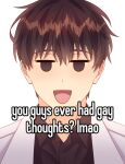  1boy black_shirt brown_hair collared_shirt comedy commentary english_text highres kim_dokja looking_at_viewer male_focus meme omniscient_reader&#039;s_viewpoint open_mouth shirt short_hair simple_background smile solo symbol-only_commentary taozi_tea white_background 