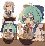  3girls absurdres ahoge blue_bow blue_dress blue_eyes blue_hair blush_stickers bow chair cirno closed_eyes closed_mouth collared_shirt dress dual_persona eating fairy food fork fumo_(doll) grey_hair hair_bow highres holding holding_fork ice ice_wings izayoi_sakuya kame_(kamepan44231) multiple_girls noodles shirt short_hair short_sleeves simple_background smile soba touhou white_background white_shirt wings 