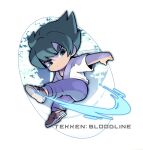  1boy black_hair blue_pantyhose chibi closed_mouth copyright_name full_body grey_footwear kazama_jin kicking kotorai male_focus no_nose pantyhose shirt short_hair signature solo tekken thick_eyebrows v-shaped_eyebrows white_background white_shirt 