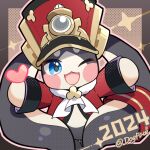  1other 2024 animal_ears arms_up artist_name blue_eyes border brown_background brown_border coat fur-trimmed_coat fur_trim gold_trim gou_lianlian_dogface hat heart honkai:_star_rail honkai_(series) long_sleeves looking_at_viewer one_eye_closed open_mouth outside_border pom-pom_(honkai:_star_rail) rabbit_ears red_coat red_headwear simple_background smile solo standing tongue 