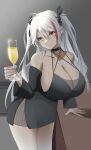  1girl absurdres alcohol alternate_costume azur_lane bare_shoulders breasts champagne champagne_flute cup drinking_glass hair_between_eyes hair_ornament highres j_yak47 large_breasts long_hair looking_at_viewer multicolored_hair orange_eyes prinz_eugen_(azur_lane) redhead smile solo streaked_hair white_hair 