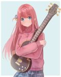  1girl blue_background blue_eyes blue_skirt bocchi_the_rock! border closed_mouth commentary cube_hair_ornament gotoh_hitori guitar hair_ornament holding holding_guitar holding_instrument hugging_object instrument jacket long_hair long_sleeves looking_at_viewer milktea_(gggrrr2000) one_side_up outside_border pink_hair pink_jacket plaid plaid_skirt simple_background skirt solo white_border 