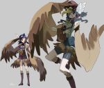  1girl bag bare_shoulders bird_legs bird_tail black_hair brown_feathers brown_wings commentary_request feathers goggles goggles_on_head grey_background harpy long_hair monster_girl multiple_views original satchel scroll seimannu sidelocks simple_background tail talons violet_eyes winged_arms winged_hat wings 