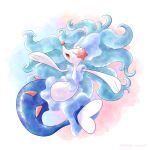 animal_focus artist_name blue_hair colored_sclera colored_skin commentary_request highres multicolored_background no_humans open_mouth pokemon pokemon_(creature) primarina remedy_matome sea_lion snout tail twitter_username white_background white_skin