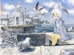  1girl bad_id bad_twitter_id bird blonde_hair common_gull_(kemono_friends) hair_between_eyes head_wings highres kemono_friends long_sleeves looking_at_viewer multicolored_hair one_eye_closed open_mouth outdoors sitting solo thigh-highs toxicnyannyan white_hair wings yellow_eyes yellow_thighhighs 